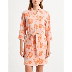 Jasmine‎ Rose Terry Cloth Floral Wrap Robe Pink Orange Belted Bath Spa Size S